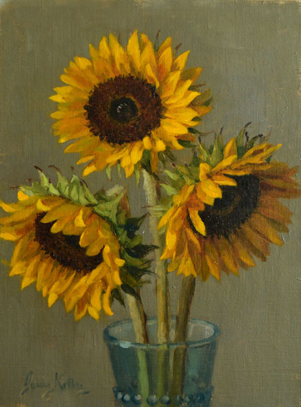 Sunflowers in a Blue Glass  8x6 oil
