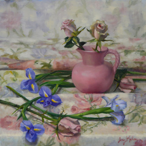 Irises and Pink Roses 18 x 18 web