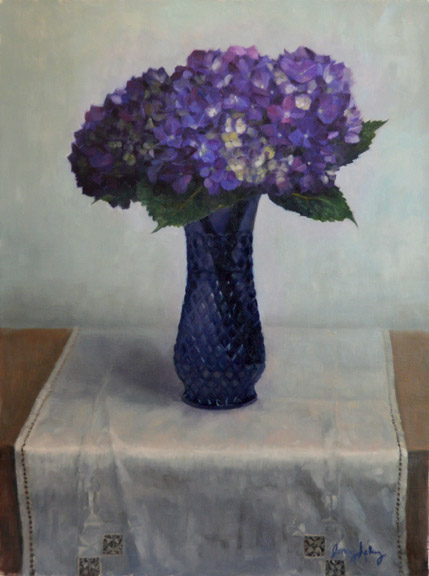 Purple Hydrangeas in a Blue Vase